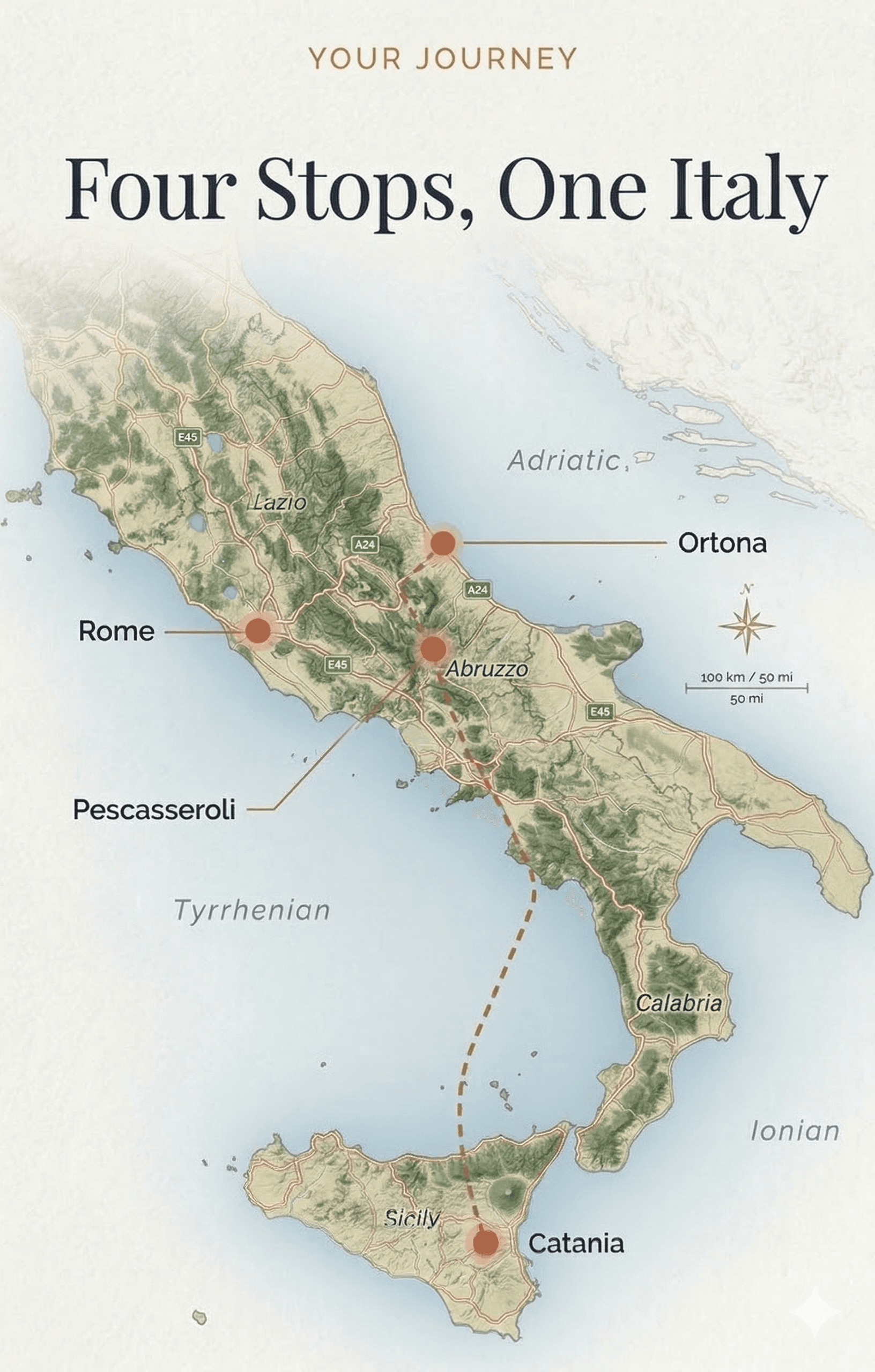 Illustrated map of Italy showing the program route: Rome to Ortona to Pescasseroli to Catania